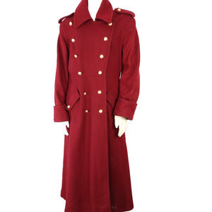 Vintage Double Breasted Burgundy Wool Military Trench Winter Coat Size 12